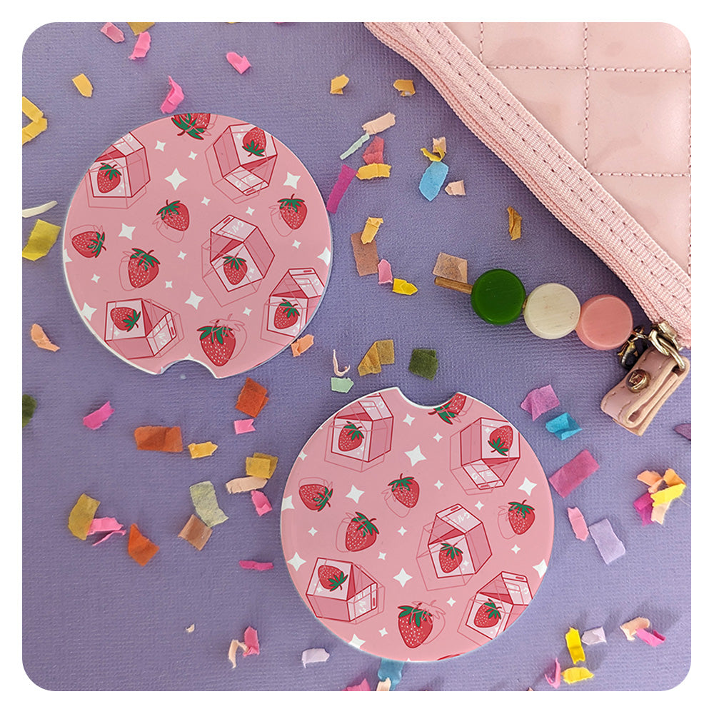 Strawberry Milk Patterned Car Coasters