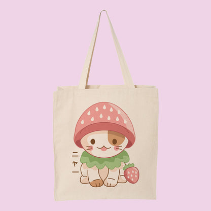 Strawberry Hat Cat Tote Bag