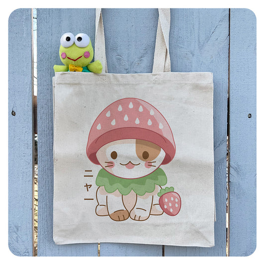 Strawberry Hat Cat Tote Bag