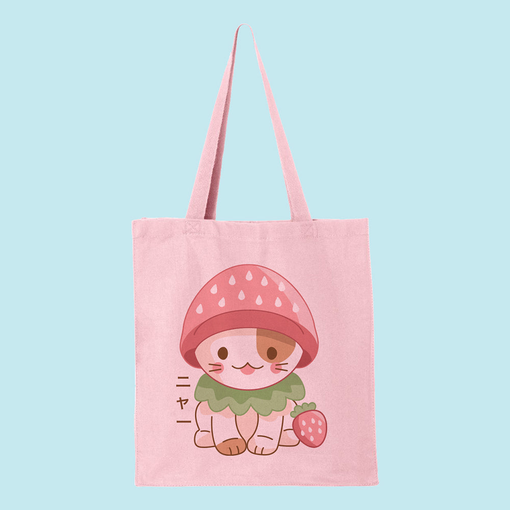 Strawberry Hat Cat Tote Bag