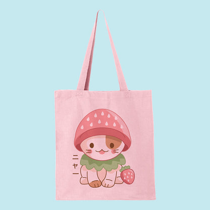 Strawberry Hat Cat Tote Bag