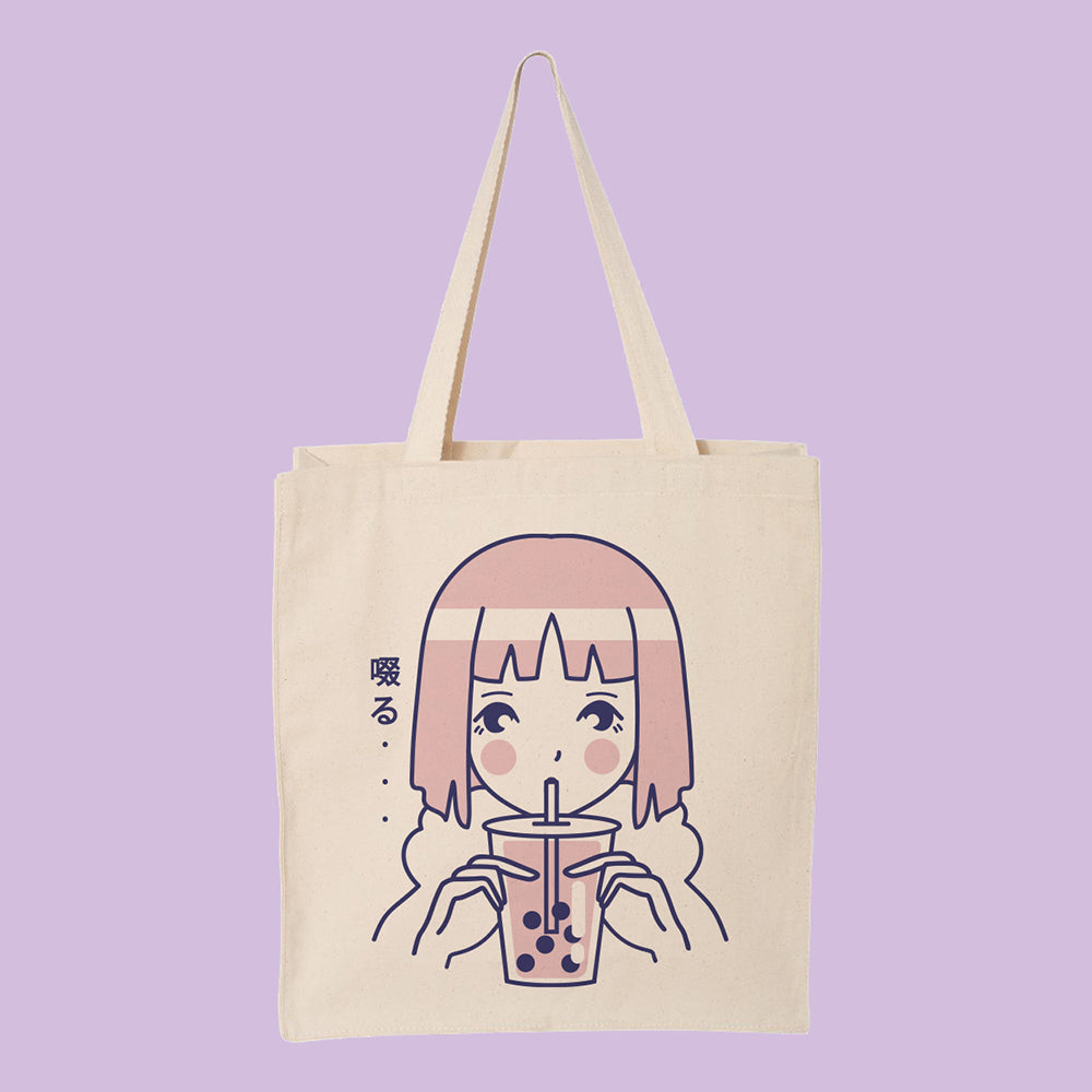 Girl Drinking Boba Tote Bag