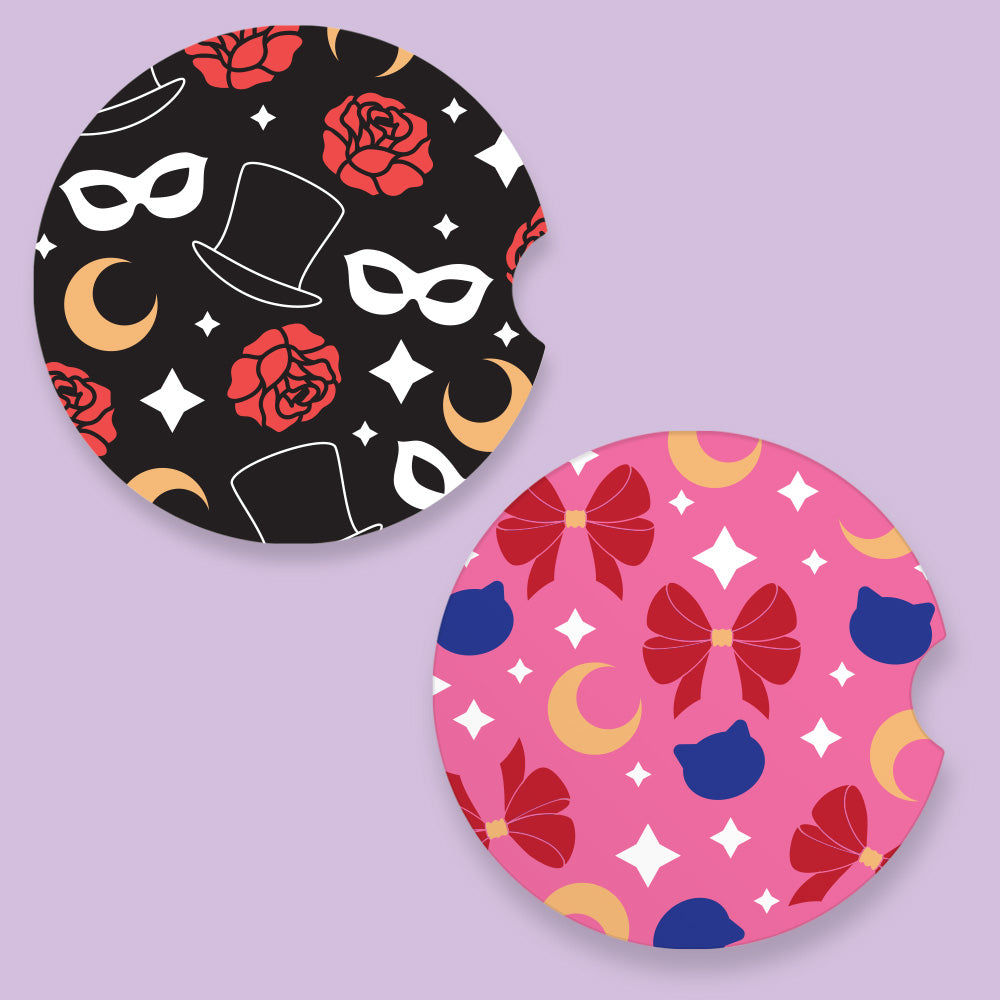 Moon and Tuxedo Patterned Car Coasters