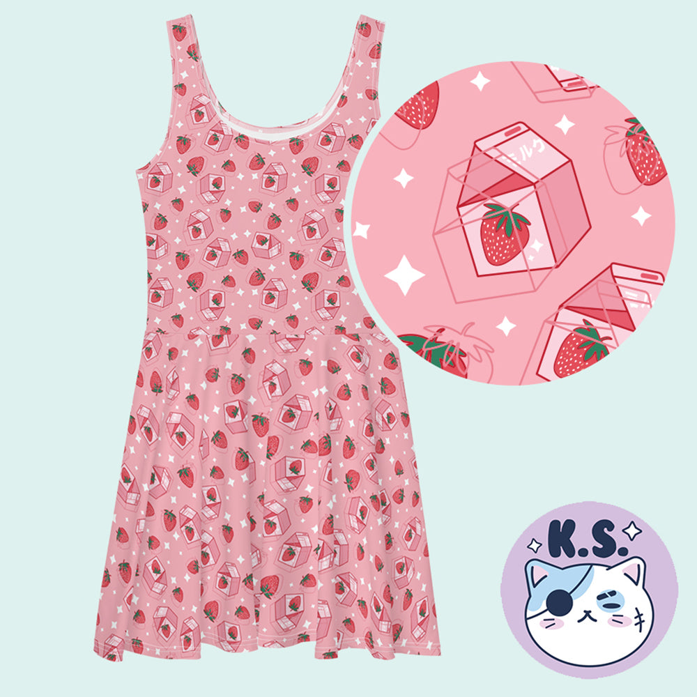 Strawberry Milk Pattern Skater Dress